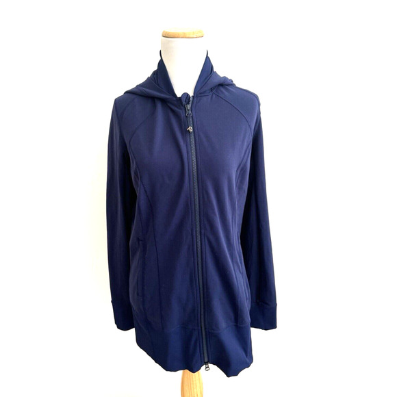 lululemon athletica Jackets & Blazers - Lululemon Athletica Blue Zip-Front Jacket 10 Hood Long-Sleeve Thumbholes Stretch